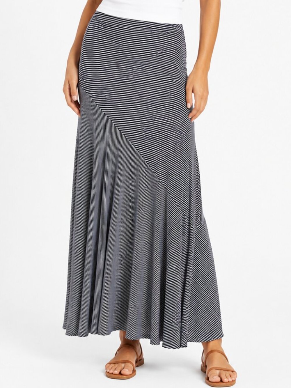 CHICOS Black White Striped Seamed Stretch Jersey Knit Maxi Skirt Size 4/6 EUC